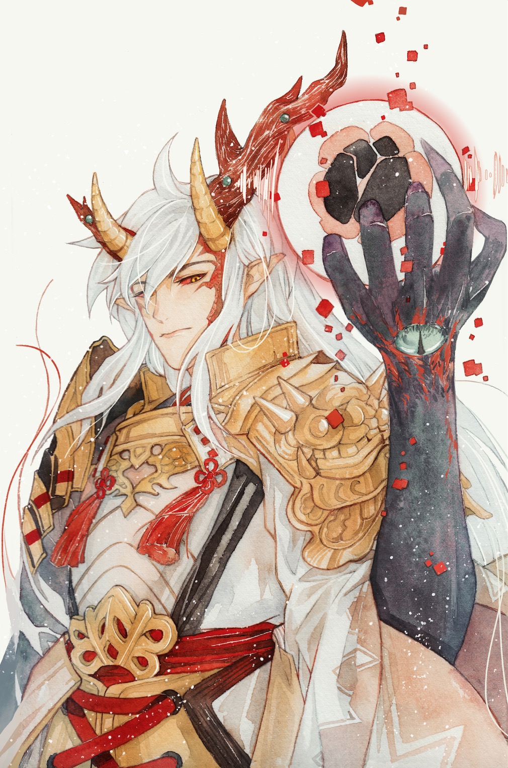 1boy armor black_claws closed_mouth colored_sclera colored_skin facial_tattoo fingernails hair_between_eyes hand_up highres holding horns ibaraki_douji_(onmyoji) japanese_clothes long_hair male_focus oni onmyoji painting_(medium) pauldrons petals pointy_ears red_horns red_sclera sharp_fingernails shoulder_armor signature simple_background slit_pupils solo tai3_3 tassel tattoo traditional_media upper_body watercolor_(medium) white_background white_hair wide_sleeves yellow_eyes