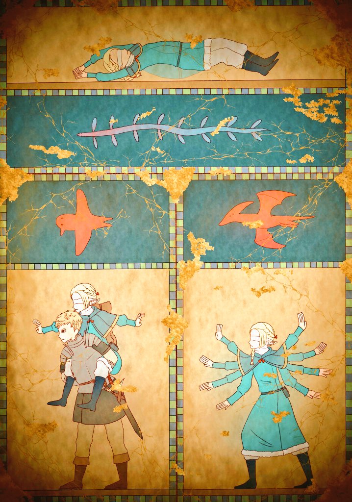 1boy 1girl armor bird blindfold blonde_hair blue_capelet blue_robe braid capelet carrying carrying_person dragon dungeon_meshi egyptian_art elf flapping hood hooded_capelet kita_(7kita) laios_touden long_hair long_sleeves lying marcille&#039;s_familiar marcille_donato mural on_back on_ground piggyback plate_armor pointy_ears robe short_hair skyfish_(cryptid) wyvern