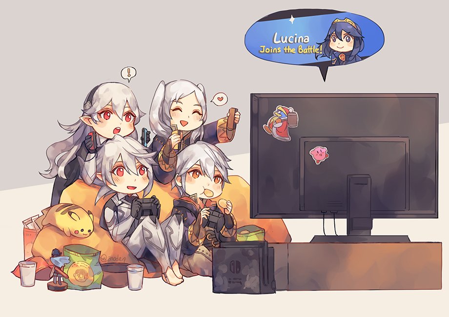 2boys 3girls amiibo anocurry armor barefoot blue_cape blue_eyes blue_hair blush cape chibi chrom_(fire_emblem) female_corrin_(fire_emblem) male_corrin_(fire_emblem) couch falchion_(fire_emblem) female_robin_(fire_emblem) fingerless_gloves fire_emblem fire_emblem_awakening fire_emblem_fates gen_1_pokemon gloves hair_between_eyes hair_ornament hairband king_dedede kirby kirby_(series) long_hair lucina_(fire_emblem) male_robin_(fire_emblem) multiple_boys multiple_girls nintendo nintendo_switch open_mouth pikachu pointy_ears pokemon pokemon_(creature) red_eyes robe short_hair smile super_smash_bros. sword tiara twintails weapon white_hair