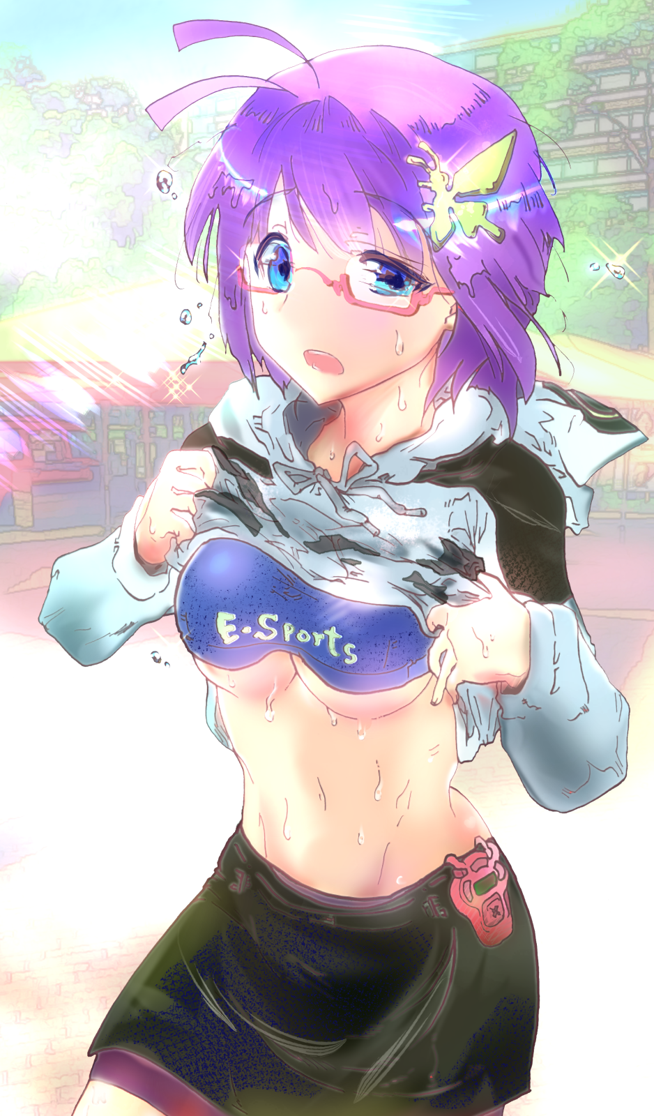 1girl ahoge antenna_hair black_skirt blue_eyes breasts building clothes_lift day esports esports fighting_game flying_sweatdrops glasses hair_ornament highres hood hoodie hoodie_lift large_breasts long_sleeves looking_at_viewer navel open_mouth original outdoors purple_hair red-framed_eyewear semi-rimless_eyewear short_hair sketch skirt small_breasts sparkle sparkling_sweat stomach sun_glare sunlight sunz sweat tree under-rim_eyewear underboob very_sweaty