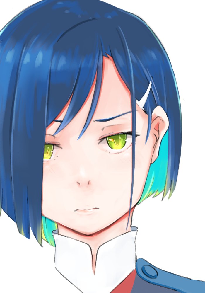 1girl aqua_hair asymmetrical_hair ayame(t^t) blue_hair blunt_ends close-up colored_inner_hair commentary darling_in_the_franxx expressionless furrowed_brow green_eyes hair_ornament hairclip high_collar ichigo_(darling_in_the_franxx) looking_at_viewer marker_(medium) multicolored_hair portrait romaji_commentary short_hair simple_background solo swept_bangs traditional_media uniform white_background