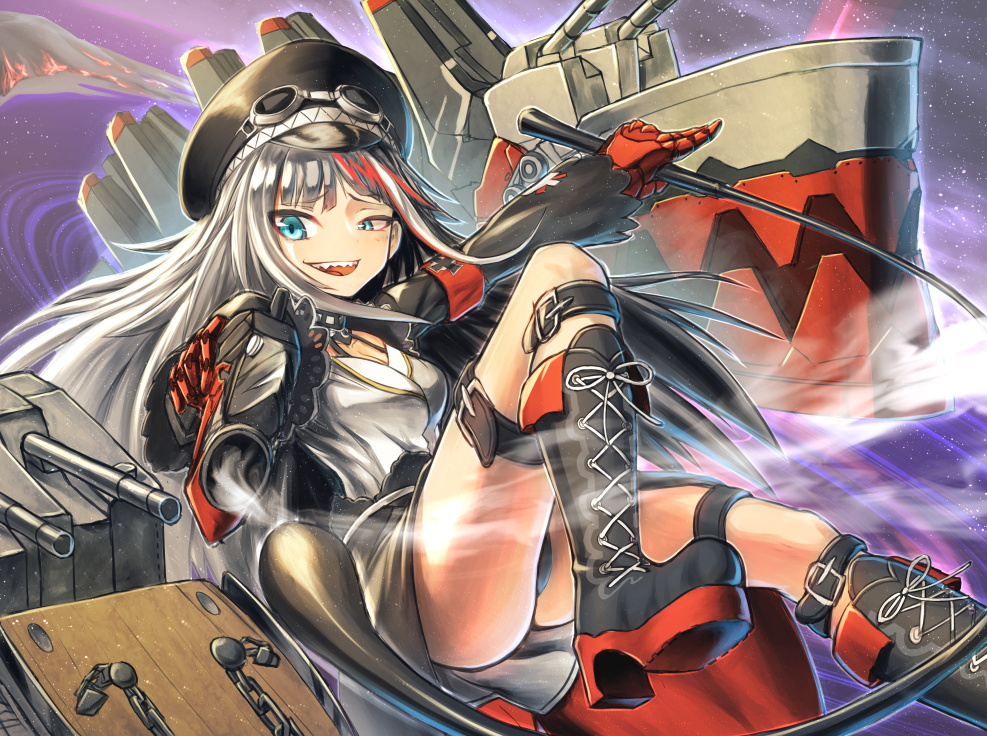 1girl :d azur_lane belt belt_buckle black_belt black_boots black_choker black_hat black_jacket black_panties black_skirt blue_eyes boots breasts buckle chain choker cleavage collarbone cropped_jacket cross cyborg deutschland_(azur_lane) eyebrows facing_away female_focus goggles goggles_on_headwear grey_hair gun halterneck handgun hat holding holding_gun holding_weapon holding_whip iroia iron_cross jacket lace-up_boots leg_belt leg_up long_hair long_sleeves looking_away machinery mechanical_arms miniskirt multicolored_hair open_clothes open_jacket open_mouth outline panties pantyshot platform_boots platform_footwear prosthesis prosthetic_hand red_hair ribbon sharp_teeth ship_turret shirt skirt small_breasts smile smoke solo streaked_hair teeth tongue underwear uneven_eyes very_long_hair weapon whip white_hair white_ribbon white_shirt