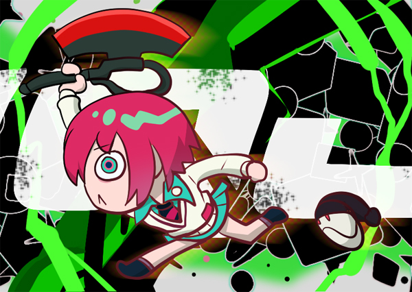 1girl amate_yuzuriha aqua_eyes aqua_shirt aqua_skirt axe chibi closed_mouth collared_shirt gundam gundam_gquuuuuux haro hat heat_hawk holding holding_axe long_sleeves n-master necktie red_hair running school_uniform shirt short_hair skirt sweater weapon