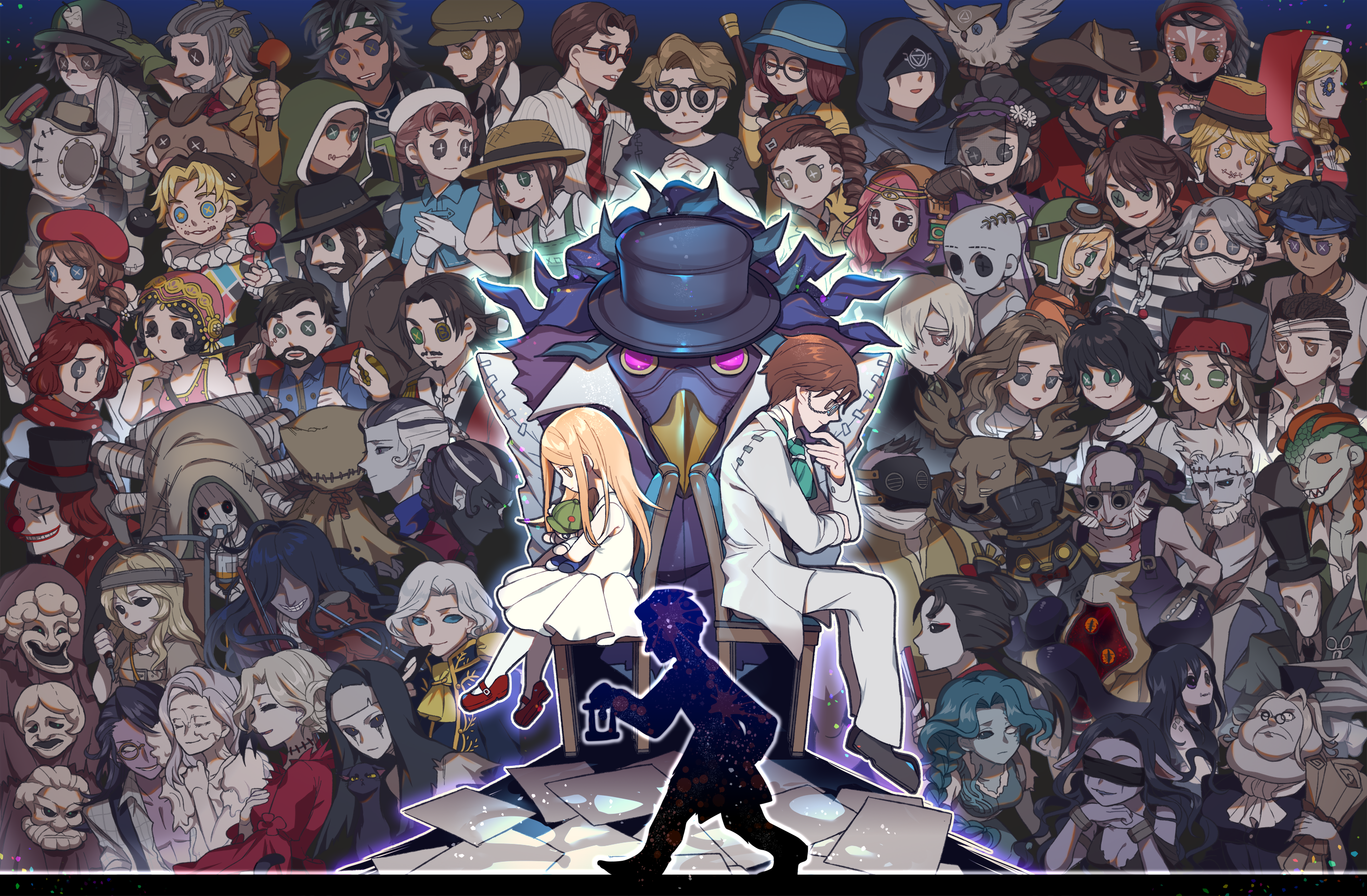 1other 6+boys 6+girls absolutely_everyone ada_mesmer aesop_carl andrew_kreiss ann_(identity_v) anne_lester antlers antonio_(identity_v) apple apron ascot back-to-back bald bandaged_head bandaged_neck bandages bane_(identity_v) beekeeping_suit beret bird black_eyes black_hair black_necktie black_sclera black_skin blindfold blonde_hair blue_eyes blue_skin bonbon_(identity_v) braid brown_hair burke_(identity_v) burn_scar button_eyes buttons capelet cat chain chair closed_eyes closed_mouth clown clown_nose collared_shirt colored_sclera colored_skin cowboy_hat cracked_skin curly_hair dark-skinned_female dark-skinned_male dark_skin demi_bourbon dress drill_hair earrings edgar_valden eli_clark emil_(identity_v) emily_dyer emma_woods everyone eyeshadow facial_hair facial_mark fake_horns fan_wujiu fang fedora fiona_gilman follower_(identity_v) food freckles freddy_riley fruit galatea_(identity_v) ganji_gupta glasses gloves goggles goggles_on_head grace_(identity_v) green_ascot green_eyes grey_eyes grey_hair grey_skin habit hair_over_eyes hair_over_one_eye half-closed_eyes hand_on_own_chest hands_on_own_chest hastur_(identity_v) hat helena_adams heterochromia highres holding holding_instrument holding_stick holding_stuffed_toy holding_violin hood hood_up horns hugging_doll hugging_object identity_v instrument intravenous_drip jack_(identity_v) jewelry joker_(identity_v) jose_baden joseph_desaulniers keigan_nichols_keogh kevin_ayuso kreacher_pierson kurt_frank leo_beck long_hair long_sleeves looking_down luca_balsa luchino_(identity_v) luchino_diruse lucky_guy makeup margaretha_zelle martha_behamfil mary_(identity_v) mask medium_hair melly_plinius memory_(identity_v) michiko_(identity_v) mini_hat mini_top_hat mole mole_under_mouth monster_boy monster_girl multicolored_hair multicolored_skin multiple_boys multiple_girls murro_morton mustache naib_subedar necklace necktie net nightmare_(identity_v) norton_campbell open_mouth orange_hair orange_sclera orpheus_(identity_v) owl own_hands_together paper patricia_dorval percy_(identity_v) philippe_(identity_v) pink_hair pointy_ears ponytail purple_eyes purple_skin red_eyeshadow red_hair robbie_(identity_v) robot round_eyewear sansai_toritori scales scar scar_across_eye scar_on_face scar_on_neck servais_le_roy shirt short_hair short_hair_with_long_locks short_sleeves single_braid single_drill sitting smile stick stitched_mouth stitches stuffed_toy tentacles the_will_brothers_(identity_v) top_hat torn_clothes tracy_reznik twin_braids two-tone_hair two-tone_skin vera_nair victor_grantz violin wavy_hair weeping_clown_(identity_v) white_dress white_gloves white_hair wick_(identity_v) william_ellis wu_chang xie_bian yellow_ascot yellow_eyes