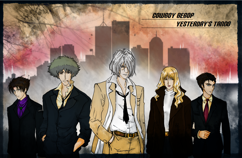 1girl 4boys blonde_hair brown_hair cigarette closed_mouth cowboy_bebop english_text formal_clothes green_hair grey_hair julia_(cowboy_bebop) lin_(cowboy_bebop) long_hair looking_at_viewer medium_hair meiru-chan multiple_boys shin_(cowboy_bebop) short_hair spike_spiegel spiked_hair suit vicious_(cowboy_bebop)