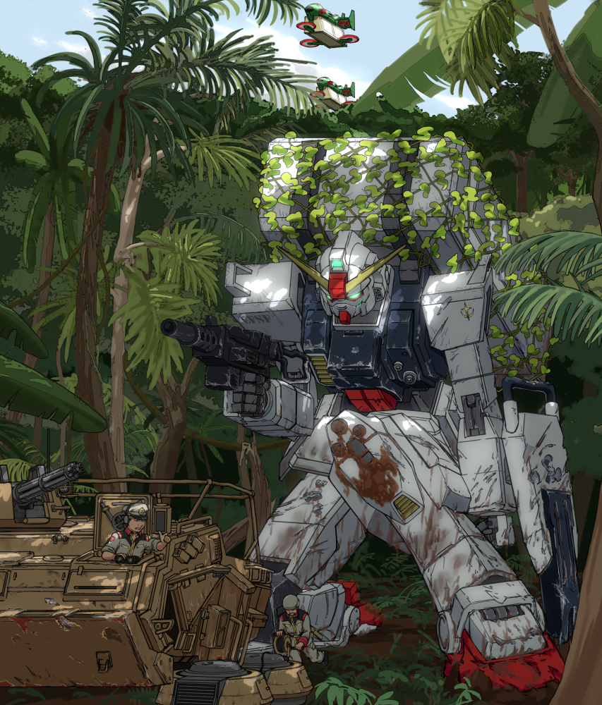 artist_request dirty ground_gundam gun gundam gundam_08th_ms_team gunperry holding holding_gun holding_weapon jungle machine_gun mecha military military_uniform military_vehicle mud nature robot scratches shield tree type_74_(gundam) weapon