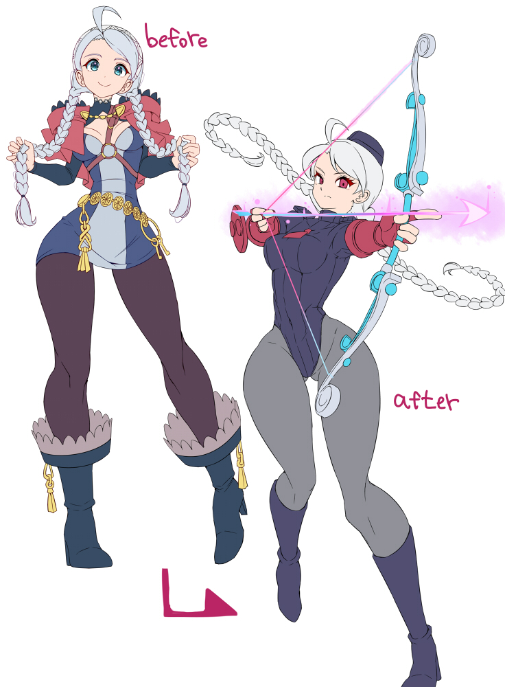 1girl ahoge aiming blue_eyes blue_leotard bow_(weapon) braid cammy_white_(cosplay) corruption cosplay dark_persona fingerless_gloves fire_emblem fire_emblem_fates fire_emblem_heroes garrison_cap gloves grey_hair hat highleg highleg_leotard holding holding_bow_(weapon) holding_weapon leotard low_twin_braids low_twintails mimochiku nina_(fire_emblem) nintendo parted_bangs red_gloves shadaloo_dolls solo street_fighter thong_leotard twin_braids twintails weapon