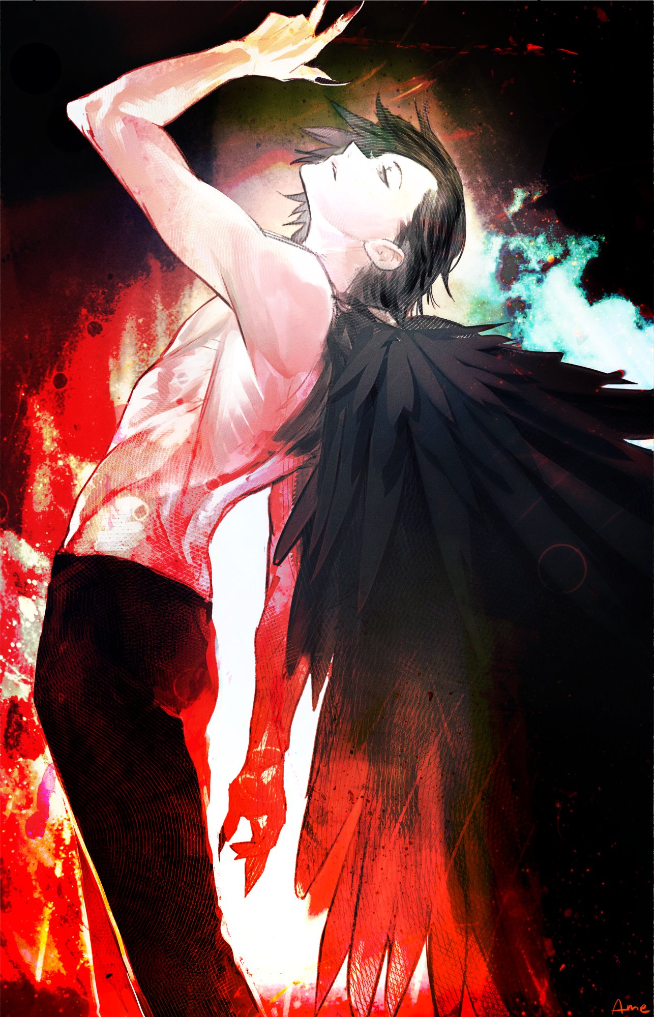 1boy abs ammenite black_hair black_pants black_wings choujin_x clawed_hands feathered_wings highres kurohara_tokio_(choujin_x) multicolored_background pants solo talons topless_male wings