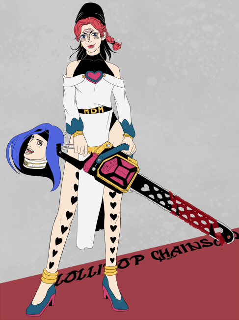 1boy 1girl black_hair blue_hair braid chainsaw crossover facial_mark genderswap genderswap_(mtf) grasshopper_manufacture jojo_no_kimyou_na_bouken lollipop_chainsaw m516 multicolored_hair parody red_hair severed_head shueisha terence_t._d&#039;arby two-tone_hair vanilla_ice