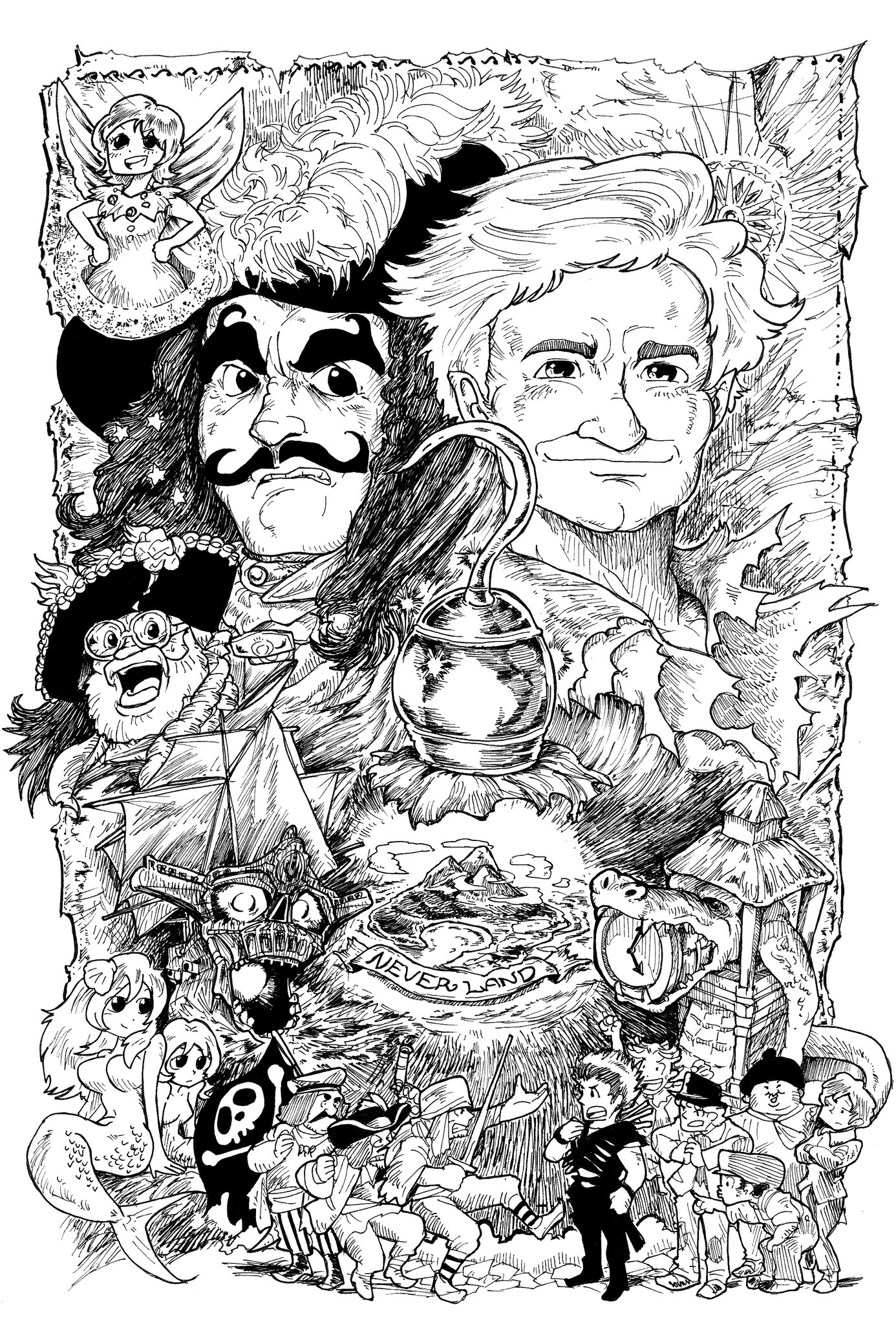1991 blanketkuma captain_hook crocodile crocodilian dustin_hoffman facial_hair fairy hat highres hook hook_(film) island julia_roberts mustache peter_pan peter_pan_(character) pirate robin_williams sakajun smile sony steven_spielberg tinker_bell_(character)