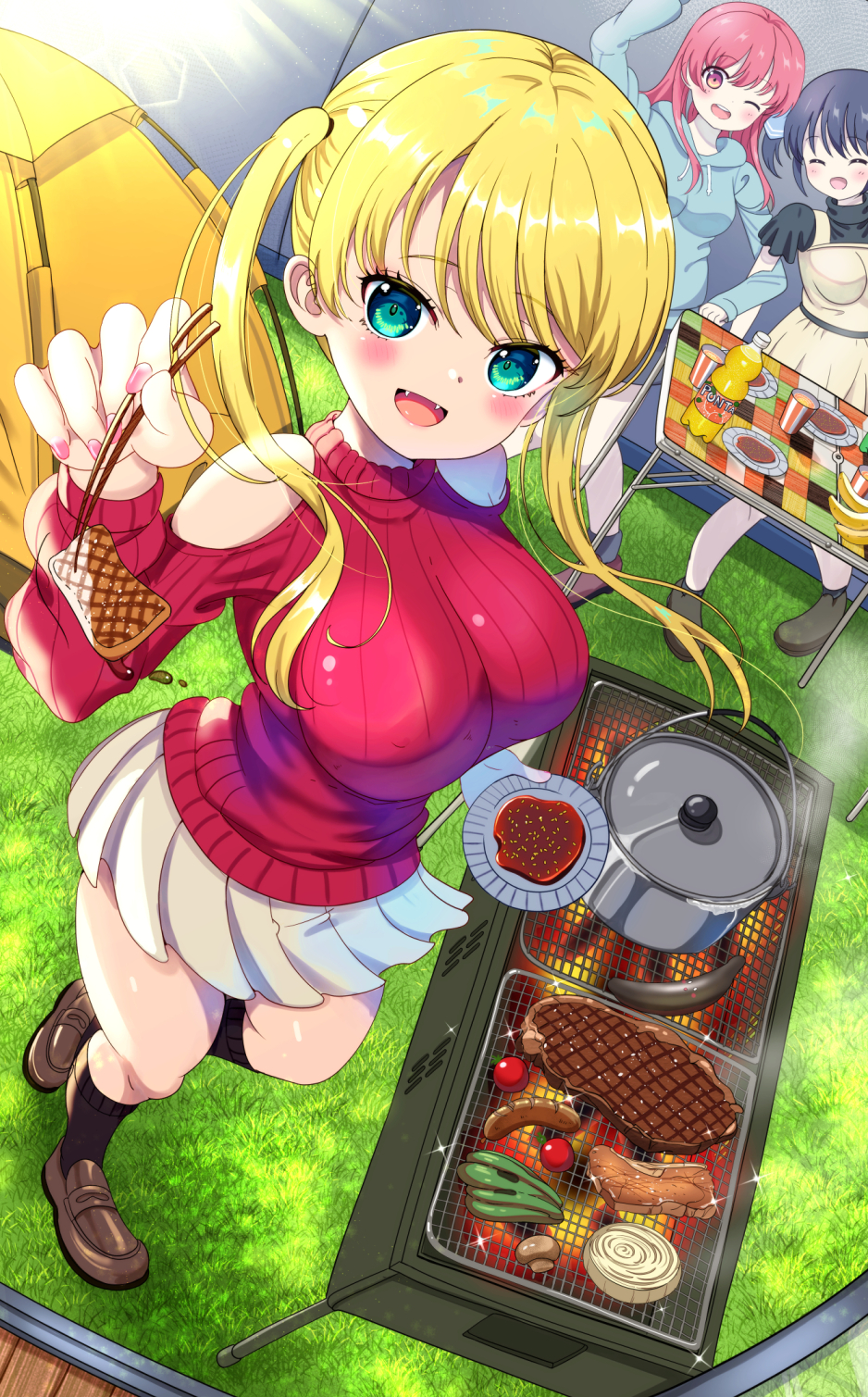 3girls ^_^ azumi_(mocha) bad_id bad_pixiv_id bare_shoulders black_socks blonde_hair blue_hair blush breasts brown_footwear camping chopsticks closed_eyes cooking covered_erect_nipples fangs feeding folding_table food from_above grass green_eyes grilling halterneck highres holding holding_chopsticks hood hoodie hoshizaki_rika_(kanojo_mo_kanojo) impossible_clothes impossible_sweater incoming_food kanojo_mo_kanojo kneehighs large_breasts long_hair long_sleeves looking_at_viewer meat minase_nagisa miniskirt multiple_girls nail_polish off-shoulder_sweater off_shoulder one_eye_closed open_mouth pink_eyes pink_hair pink_nails pleated_skirt red_sweater ribbed_sweater saki_saki_(kanojo_mo_kanojo) school_uniform skirt smile socks solo_focus steak sweater swept_bangs table tent thighs tsurime twintails white_skirt