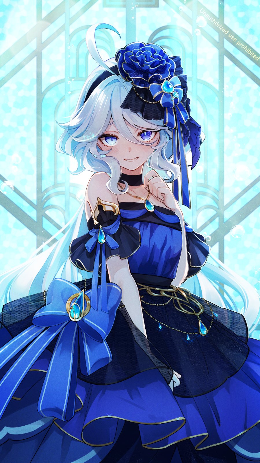 1girl ahoge alternate_costume bare_shoulders blue_dress blue_eyes blue_gemstone blue_hair blush dress furina_(genshin_impact) gem genshin_impact hair_between_eyes heterochromia highres itsumono_katze light_blue_hair long_hair looking_at_viewer mismatched_pupils multicolored_hair smile solo strapless strapless_dress symbol-shaped_pupils