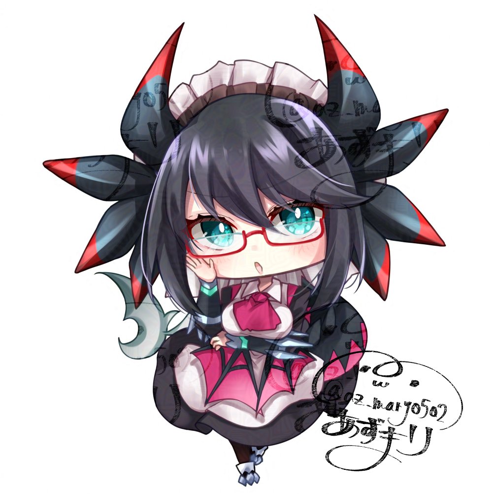 1girl arm_under_breasts artist_logo az_(colorb05) black_dress black_hair black_tail blue_eyes breasts chibi dragon_girl dragon_tail dragon_wings dress duel_monster full_body grey_background house_dragonmaid logo maid maid_headdress signature simple_background solo tail wings yu-gi-oh!