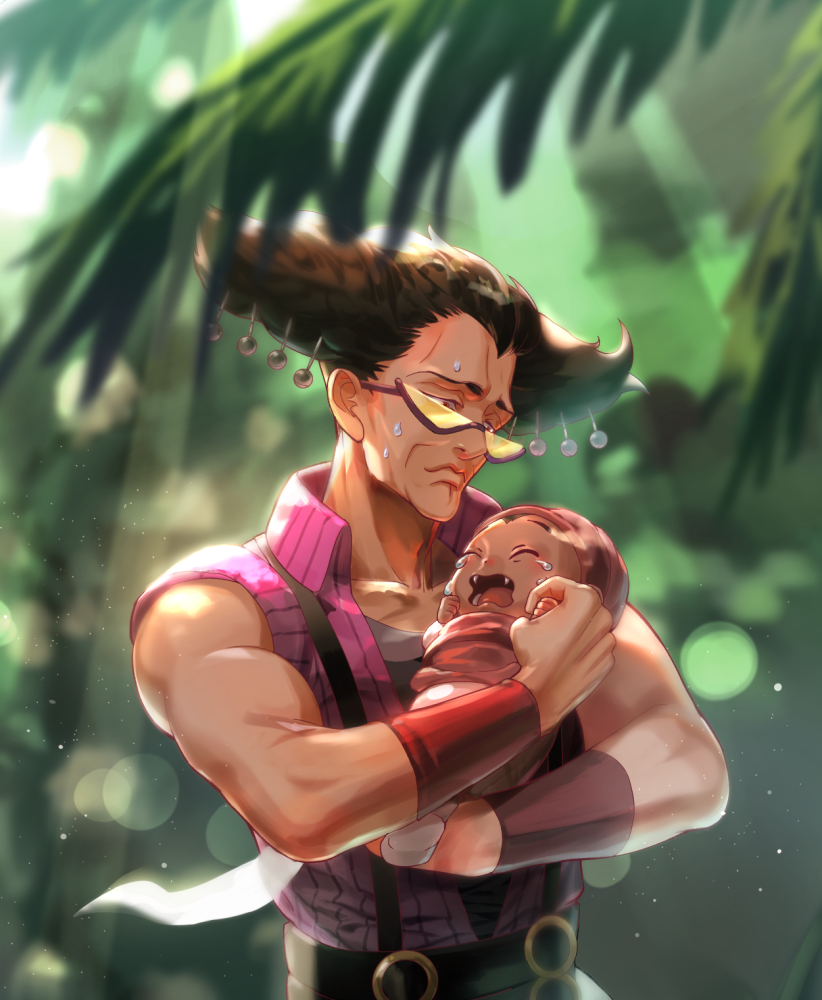 2boys alessi baby bell brown_hair carrying_baby carrying_person closed_mouth collared_shirt crying fangs hair_ornament jojo_no_kimyou_na_bouken lips mannish_boy multiple_boys outdoors palm_tree pink_shirt red_eyes shirt sleeveless stardust_crusaders sunglasses suspenders tears tree zouhyou_(at4190)