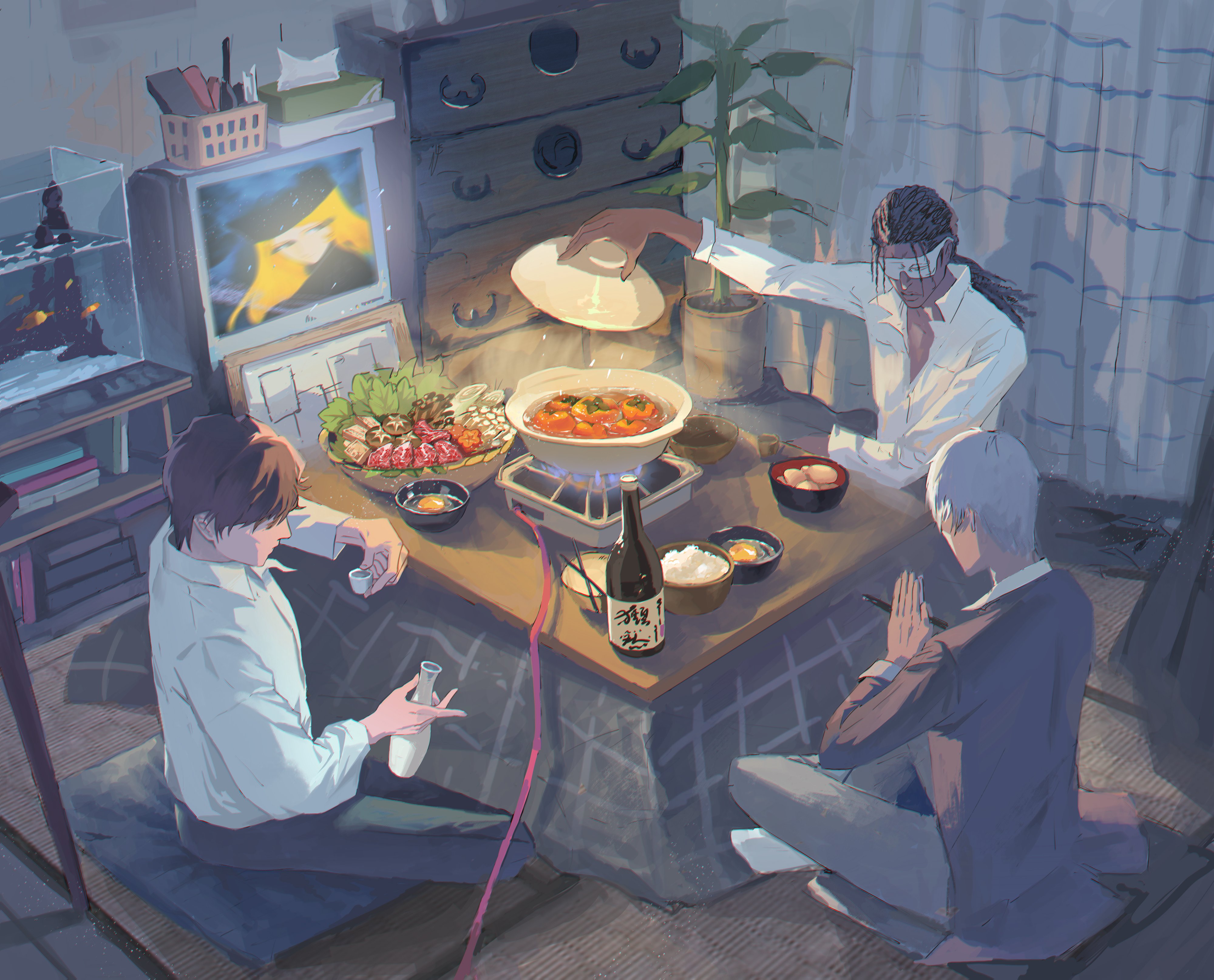 3boys absurdres aizen_sousuke aquarium black_hair bleach bottle brown_hair brown_jacket casual choko_(cup) chopsticks collared_shirt commentary contemporary cup dark-skinned_male dark_skin dress_shirt food from_above full_body ginga_tetsudou_999 goggles grey_hair highres holding holding_bottle holding_chopsticks holding_cup ichimaru_gin indian_style indoors jacket kotatsu long_hair long_sleeves multiple_boys mylittleimp nabe sake_bottle scenery shirt short_hair sitting symbol-only_commentary table television tousen_kaname white_shirt