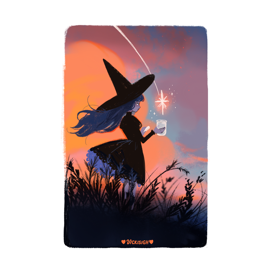 1girl artist_name black_dress black_hair commentary dress english_commentary from_side grass hat holding holding_jar jar medium_dress original solo sunset turtleneck turtleneck_dress vicki_tsai witch_hat