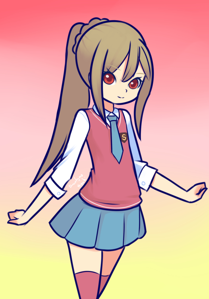 1girl blue_necktie blue_skirt braid brown_hair cocotama_(series) drantyno flat_chest gradient_background kamisama_minarai:_himitsu_no_cocotama long_hair looking_at_viewer miniskirt necktie pink_background pink_sweater_vest pink_thighhighs ponytail red_eyes sakurai_nozomi school_uniform shirt short_sleeves skirt smile standing sweater_vest thighhighs two-tone_background white_shirt yellow_background