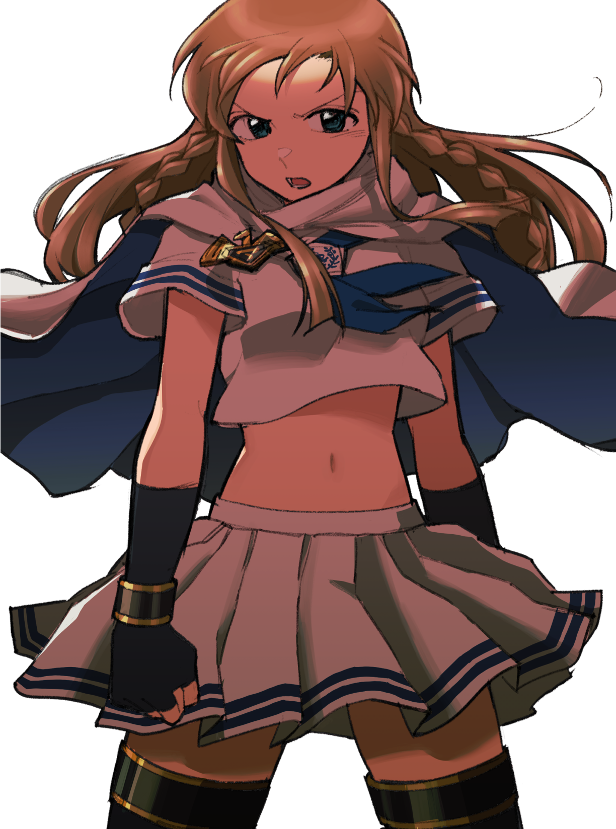 1girl angry arms_at_sides black_gloves black_thighhighs blue_eyes blue_neckerchief braid brown_hair cape cowboy_shot cropped_shirt fingerless_gloves floating_clothes floating_hair gloves highres idol_heroes_(idolmaster) idolmaster idolmaster_million_live! kousaka_umi long_hair looking_at_viewer midriff mighty_sailor miniskirt navel neckerchief open_mouth pleated_skirt school_uniform serafuku shirt short_sleeves simple_background skirt solo standing tarako_oniyon thighhighs twin_braids white_background white_cape white_shirt white_skirt