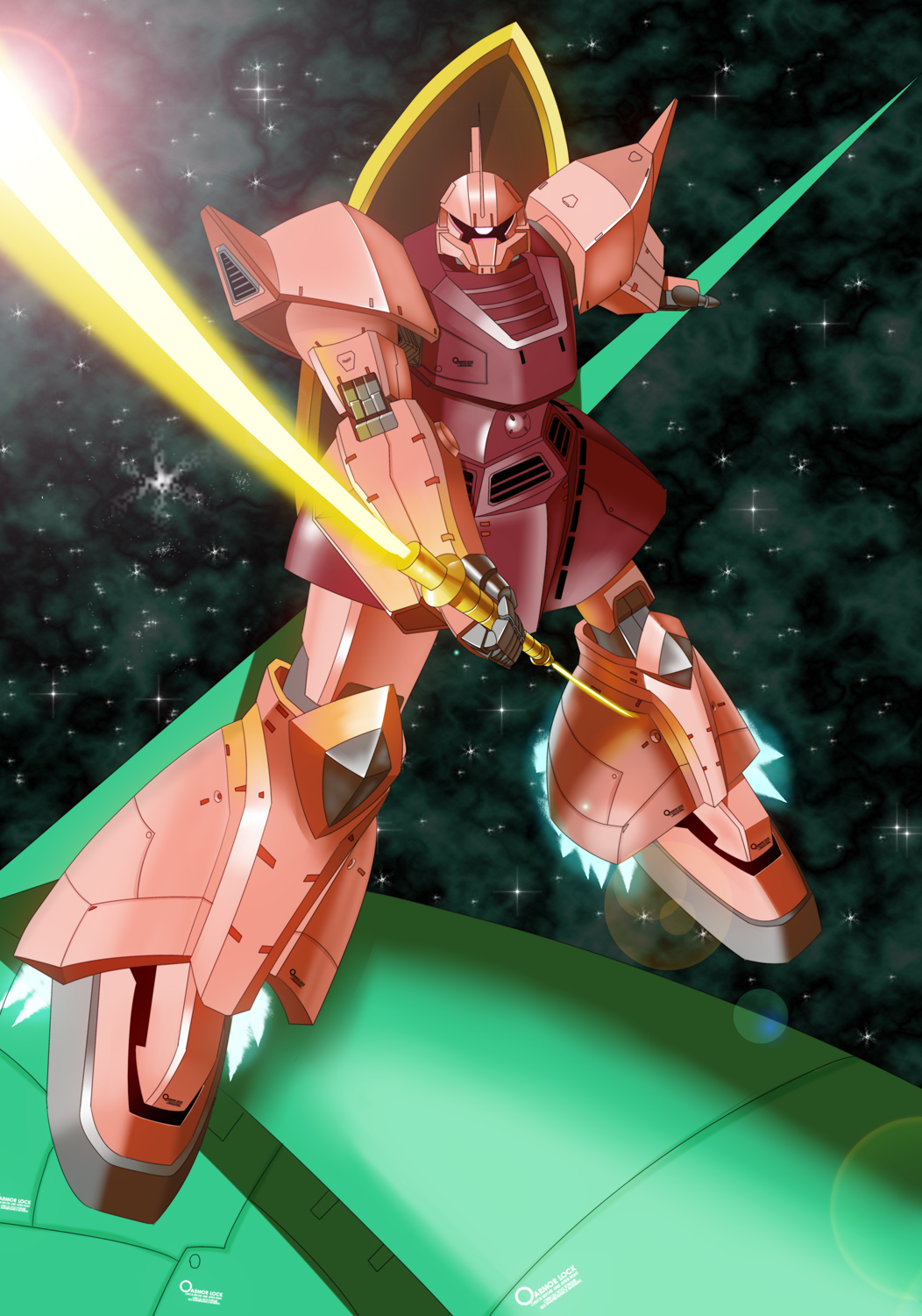 elmeth gelgoog gelgoog_s_char_custom gundam highres holding holding_weapon mecha mobile_suit_gundam moyashi_(karamisouma) no_humans robot space star_(symbol) sword weapon
