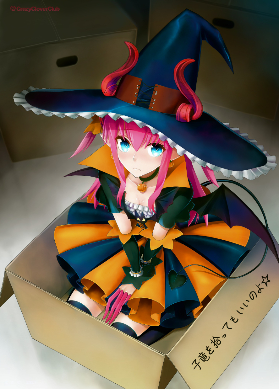 1girl bat_wings black_cat box breasts cardboard_box cat claws cleavage commentary_request demon_tail dragon_girl elizabeth_bathory_(fate) elizabeth_bathory_(halloween_caster)_(fate) fate/extra fate/extra_ccc fate/grand_order fate_(series) frilled_skirt frills hair_ribbon halloween hat highres horns in_box in_container jack-o&#039;-lantern kneeling long_hair looking_at_viewer ribbon sad seiza shirotsumekusa sitting skirt small_breasts solo tail translation_request twintails utau_kabocha-jou_no_bouken wings witch_hat
