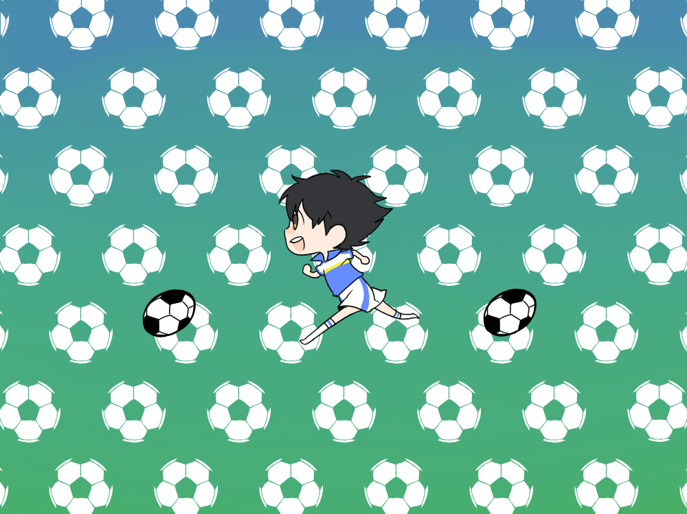 1boy ball black_hair brown_eyes captain_tsubasa gradient_background hokorobi-11 male_focus ouzora_tsubasa running smile smooooch soccer_ball soccer_uniform solo sportswear