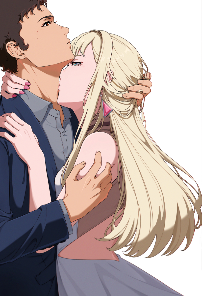 1boy 1girl blonde_hair earrings enelous gigi_andalusia green_eyes gundam gundam_hathaway&#039;s_flash hand_on_another&#039;s_neck hathaway_noa jewelry kiss kissing_neck pink_nails white_background