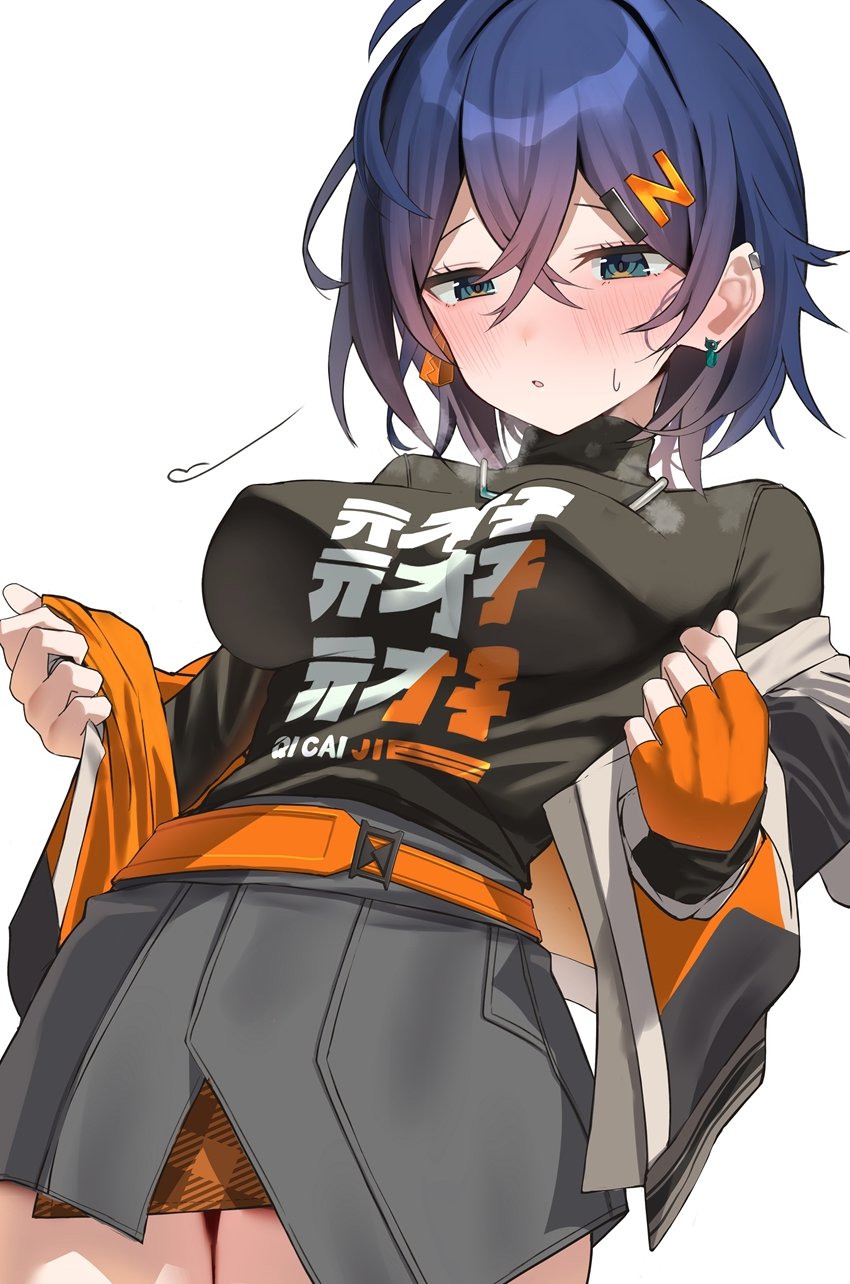 1girl belle_(zenless_zone_zero) blue_hair blush breasts commentary cowboy_shot crossed_bangs earrings fingerless_gloves gloves green_eyes hair_between_eyes hair_ornament hairclip highres jewelry large_breasts nidaime_(doronbo) open_mouth orange_gloves short_hair sidelocks sigh simple_background single_fingerless_glove solo steaming_body sweatdrop symbol-only_commentary white_background zenless_zone_zero