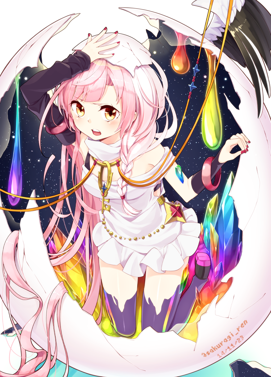 1girl arm_up bad_id bad_pixiv_id blush bracelet braid cracked_shell crystal dated dress egg eggshell eggshell_hat female_focus grey_thighhighs hand_on_own_head highres jewelry key kneeling long_hair looking_at_viewer nail_polish open_mouth original pink_hair red_nails sakuragi_ren solo space tamako_(sakuragi_ren) thighhighs twitter_username very_long_hair wings yellow_eyes