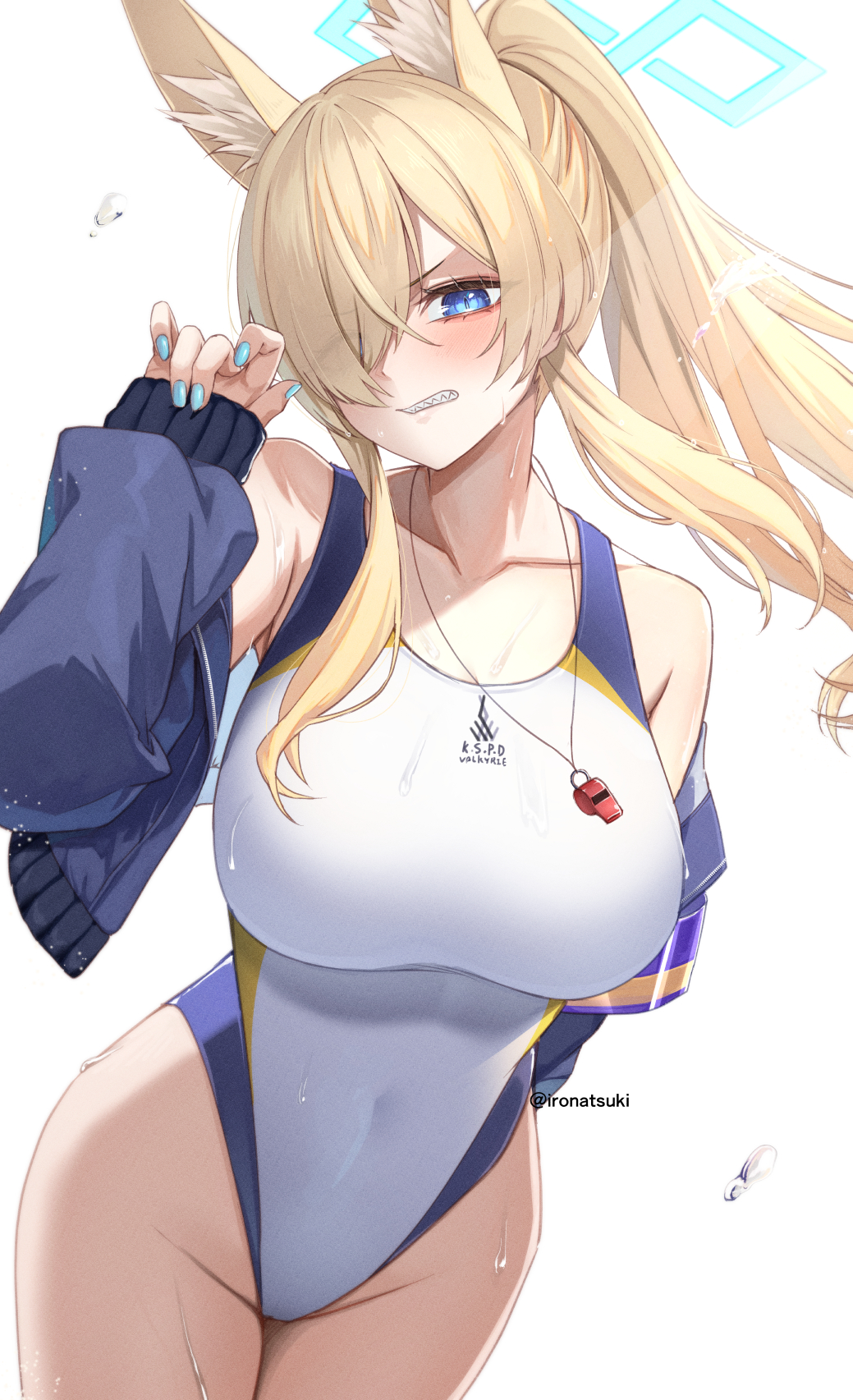 1girl animal_ears artist_name bare_shoulders blue_archive blue_eyes blue_halo blue_jacket blue_nails blush breasts clenched_teeth collarbone covered_navel dog_ears dog_tail fake_animal_ears fingernails halo highleg highleg_one-piece_swimsuit highres ironatsuki jacket kanna_(blue_archive) kanna_(swimsuit)_(blue_archive) large_breasts long_hair looking_at_viewer nail_polish off_shoulder official_alternate_costume official_alternate_hairstyle one-piece_swimsuit open_clothes open_jacket ponytail sharp_teeth simple_background solo swimsuit tail teeth wet whistle whistle_around_neck white_background white_one-piece_swimsuit