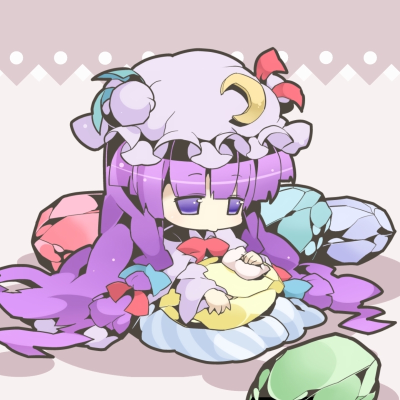 1girl blue_eyes blush chibi crescent_moon crystal dress female_focus full_body hat long_hair moon nyuusankin patchouli_knowledge polishing purple_hair rock solo touhou