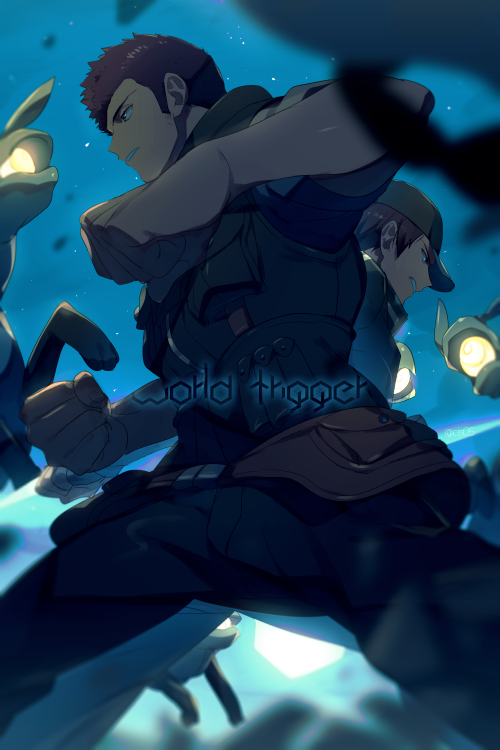 2boys arafune_tetsuji baseball_cap battle clenched_hands copyright_name cube echo_(circa) from_below glowing hat kizaki_reiji long_sleeves male_focus multiple_boys pants pouch punching red_hair short_hair side-by-side torion_hei world_trigger