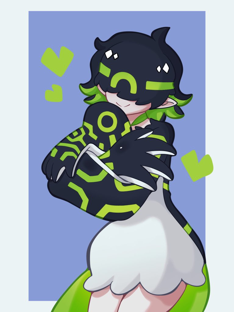 1girl animification ben_10 borrowed_design commentary_request genderswap genderswap_(mtf) green_hair hair_over_eyes hug humanization large_hands lb4lvomtdufo0xl multicolored_hair pointy_ears short_hair smile solo upgrade_(ben_10)