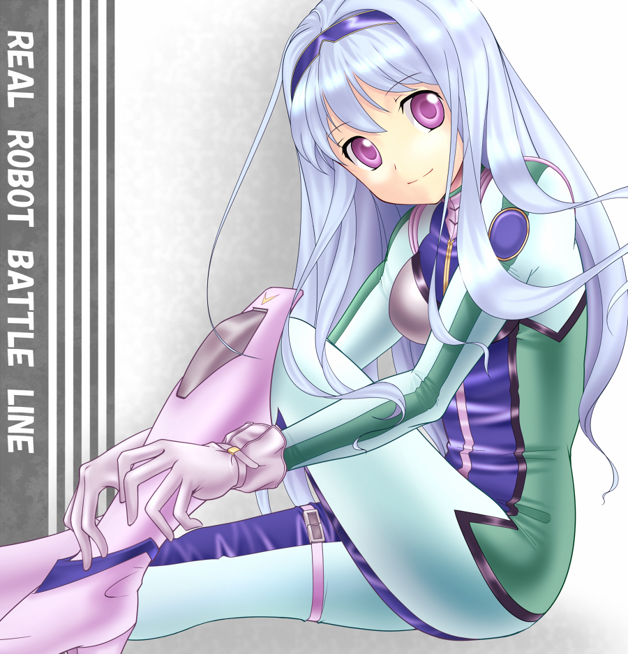 1girl banpresto blue_hair bodysuit boots female_focus gloves hairband mikeneko_(stray-sheep) musica_fareden purple_eyes real_robot_battle_line smile solo super_robot_wars thigh_boots thighhighs