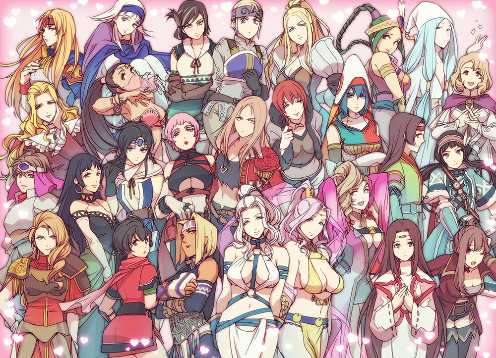 6+girls blonde_hair breasts character_request cleavage cleavage_cutout cleo_(suikoden) closed_mouth clothing_cutout dual_persona emilia_(suikoden) gensou_suikoden gensou_suikoden_i gensou_suikoden_ii gensou_suikoden_iii gensou_suikoden_iv gensou_suikoden_v gensou_suikogaiden jeane_(suikoden) karen_(suikoden) kasumi_(suikoden) kika_(suikoden) large_breasts long_hair looking_at_viewer lorelai_(suikoden) lucia_(suikoden) medium_hair multiple_girls open_mouth rina_(suikoden) sassa_(cb) short_hair sialeeds_falenas sideboob sierra_mikain smile sonya_shulen valeria_(suikoden) viki_(suikoden)