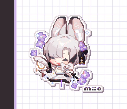1girl ^_^ animal_ear_fluff animal_ears arin_(fanfan013) artist_name bare_shoulders black_bow black_hair blush_stickers book border bow buttons chibi cleavage_cutout closed_eyes clothing_cutout commentary cropped_torso english_commentary eyelashes flower grey_hair grid_background hair_bow hair_flower hair_intakes hair_ornament happy holding holding_quill lowres mouse_ears multicolored_hair open_book open_mouth original pixel_art puffy_sleeves purple_flower quill shirt short_hair simple_background smile solo sparkle streaked_hair white_background white_border white_bow white_shirt writing