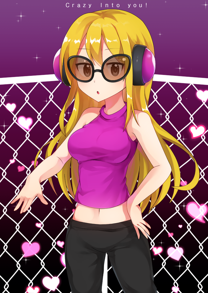 1girl black_pants blonde_hair breasts chain-link_fence fence headphones heart kaoling large_breasts long_hair looking_at_viewer minna_no_rhythm_tengoku navel pants parted_lips purple_shirt rhythm_tengoku shirt sleeveless so&#039;ra solo sunglasses