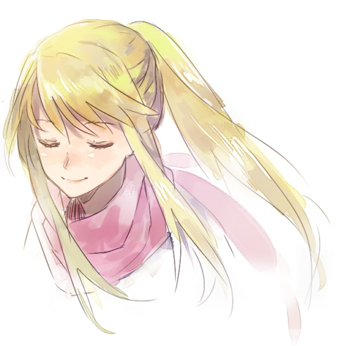 1girl blonde_hair closed_eyes female_focus floating_hair fullmetal_alchemist long_hair lowres pink_scarf ponytail riru scarf simple_background smile solo white_background winry_rockbell