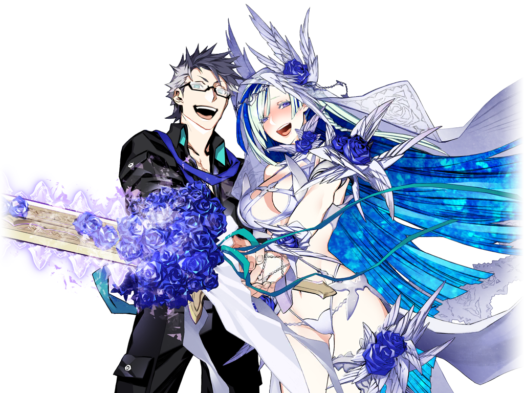 1boy 1girl aqua_hair bikini black_shirt blue_eyes blue_flower blue_hair blue_rose bracer braid breasts brynhild_(fate) brynhild_(swimsuit_berserker)_(third_ascension)_(fate) collared_shirt colored_inner_hair cowboy_shot cross-laced_bikini cross-laced_clothes fate/grand_order fate_(series) flower game_cg glasses grey_hair holding holding_sword holding_weapon husband_and_wife large_breasts long_hair looking_at_viewer miwa_shirow multicolored_hair official_art open_mouth purple_eyes rose scarf shirt short_hair sigurd_(fate) sigurd_(memories_with_my_lover)_(fate) smile swimsuit sword thigh_strap third-party_source transparent_background two-tone_hair veil weapon white_bikini white_veil wing_ornament