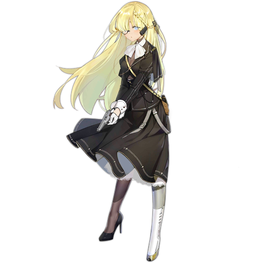 1girl :o black_dress black_shoes blonde_hair blue_eyes braid breasts cz52_(girls&#039;_frontline) cz_52 dress female_focus full_body girls&#039;_frontline gloves gun hair_between_eyes hair_ornament half_gloves handgun high_heels holding holding_gun holding_weapon holster long_hair long_sleeves looking_at_viewer mechabare mechanical mechanical_legs monocle official_art pantyhose pistol prosthesis shoes single_mechanical_leg solo standing transparent_background weapon xiao_chichi