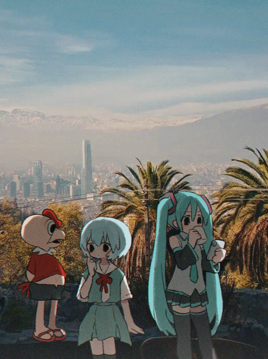 1other 2girls ayanami_rei black_eyes black_skirt black_thighhighs blue_hair blue_necktie blue_skirt cellphone character_request chile cup detached_sleeves hatsune_miku highres holding holding_cup long_hair long_sleeves multiple_girls necktie neon_genesis_evangelion phone photo_background pleated_skirt ri_(qrcode) school_uniform short_hair skirt smartphone thighhighs twintails vocaloid