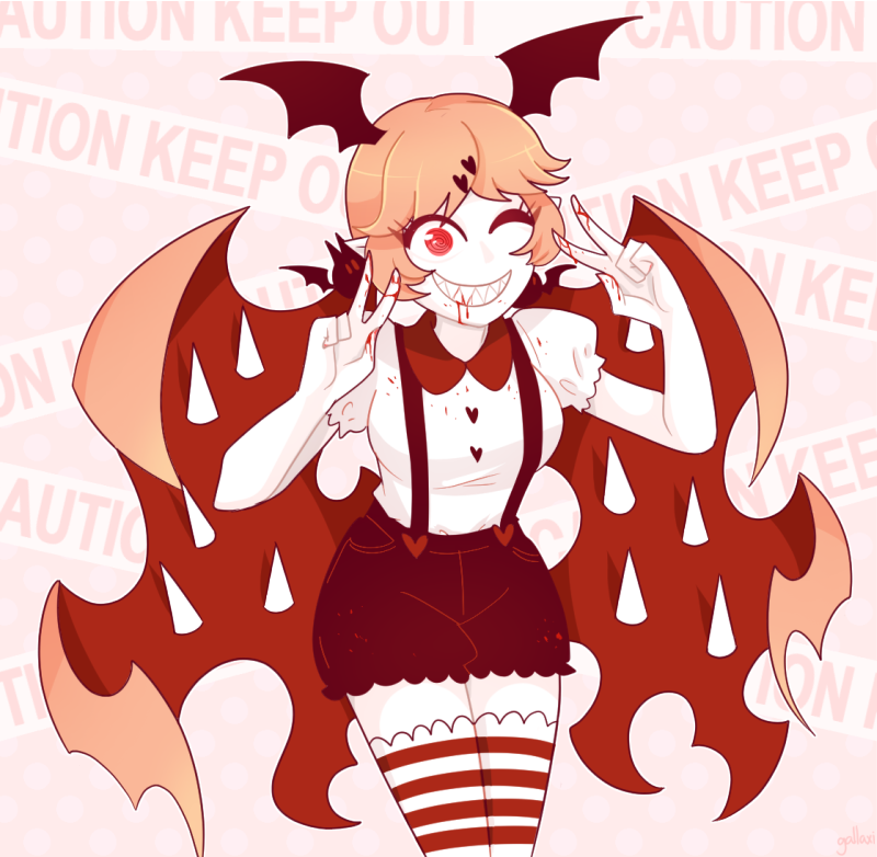 1girl @_@ bat_hair_ornament black_shorts black_suspenders blood blood_from_mouth blood_on_clothes blood_on_face blood_on_hands caution_tape collared_shirt colored_skin cranber_(funamusea) crazy_eyes crazy_smile demon_girl funamusea gallaxi hair_ornament hair_wings heart heart-shaped_hair keep_out long_hair one_eye_closed pink_background pink_hair pink_theme puffy_short_sleeves puffy_sleeves sharp_teeth shirt short_sleeves shorts signature smile solo spikes striped_clothes striped_thighhighs suspenders teeth thighhighs v white_shirt white_skin