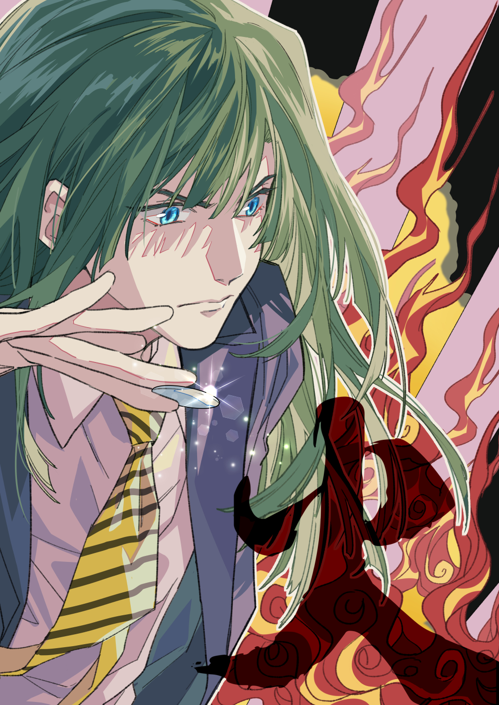 1boy bishounen blue_eyes closed_mouth collared_shirt commentary_request fire green_hair grey_jacket hand_up highres hikaru_no_go holding hun_(endlesslovehikaru) jacket long_hair looking_away male_focus necktie outline shirt solo sparkle striped_necktie touya_akira upper_body v-shaped_eyebrows white_shirt yellow_necktie