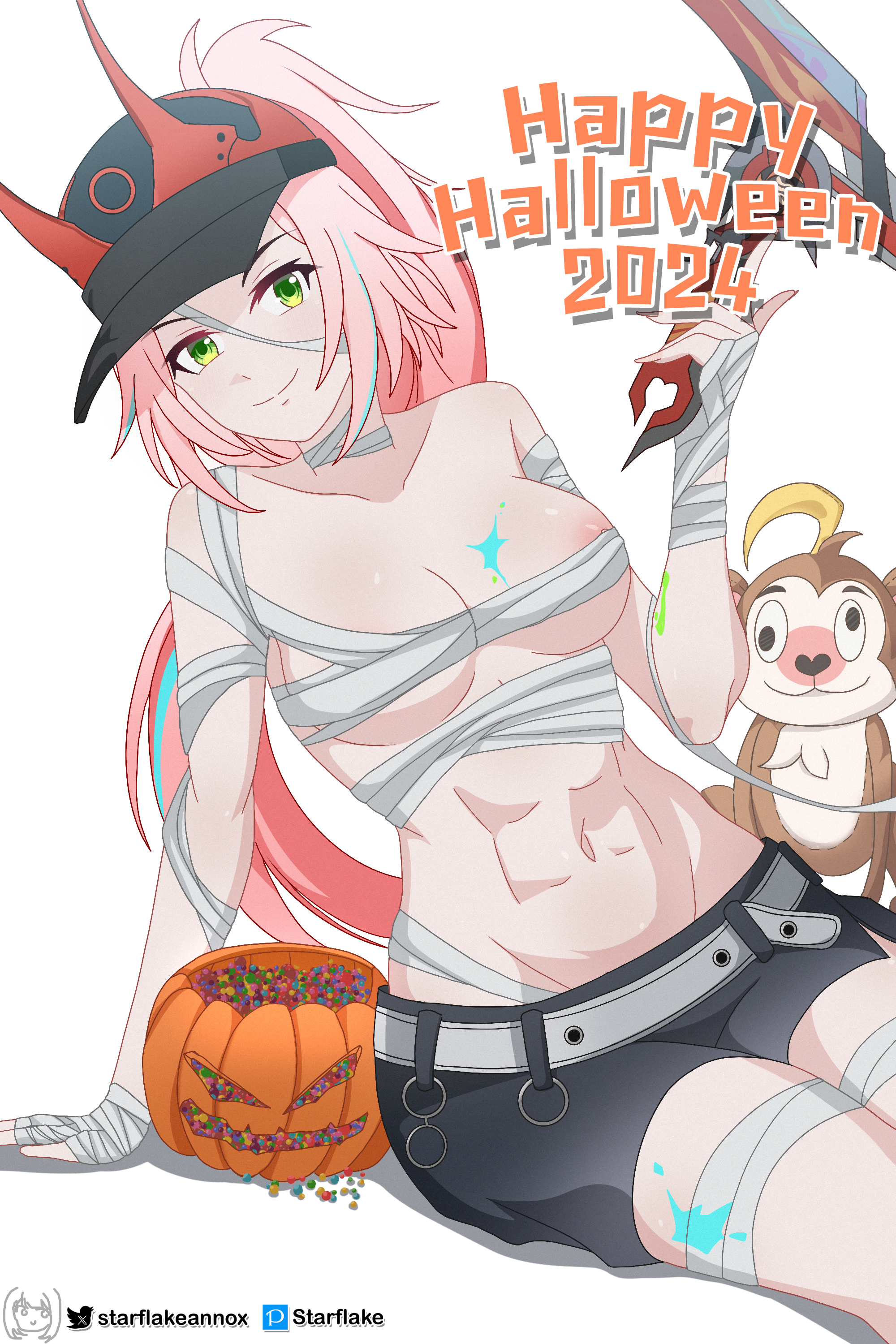 1girl 2024 absurdres areola_slip bandaged_arm bandaged_chest bandaged_head bandaged_leg bandaged_neck bandages baseball_cap black_shorts breasts candy commentary english_commentary food green_eyes halloween halloween_bucket happy_halloween hat highres holding holding_weapon honkai:_star_rail honkai_(series) horned_hat large_breasts long_hair looking_at_viewer monkey navel nipple_slip nipples paint_on_body pink_hair ponytail rappa_(honkai:_star_rail) short_shorts shorts simple_background solo starflake_(starclusteriu) stomach toned toned_female weapon white_background