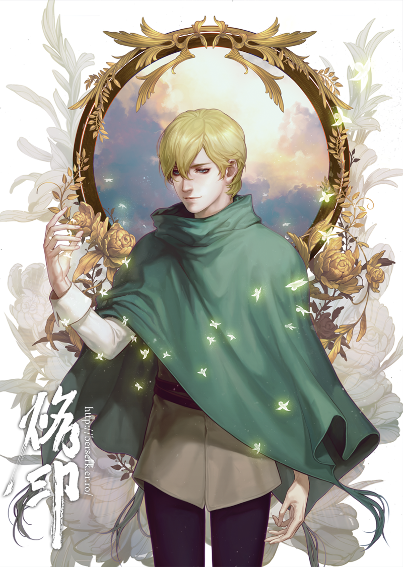 1boy berserk blonde_hair blue_eyes cloak flower glowing kenny_(poe90) male_focus serpico_(berserk) smile solo tunic watermark web_address