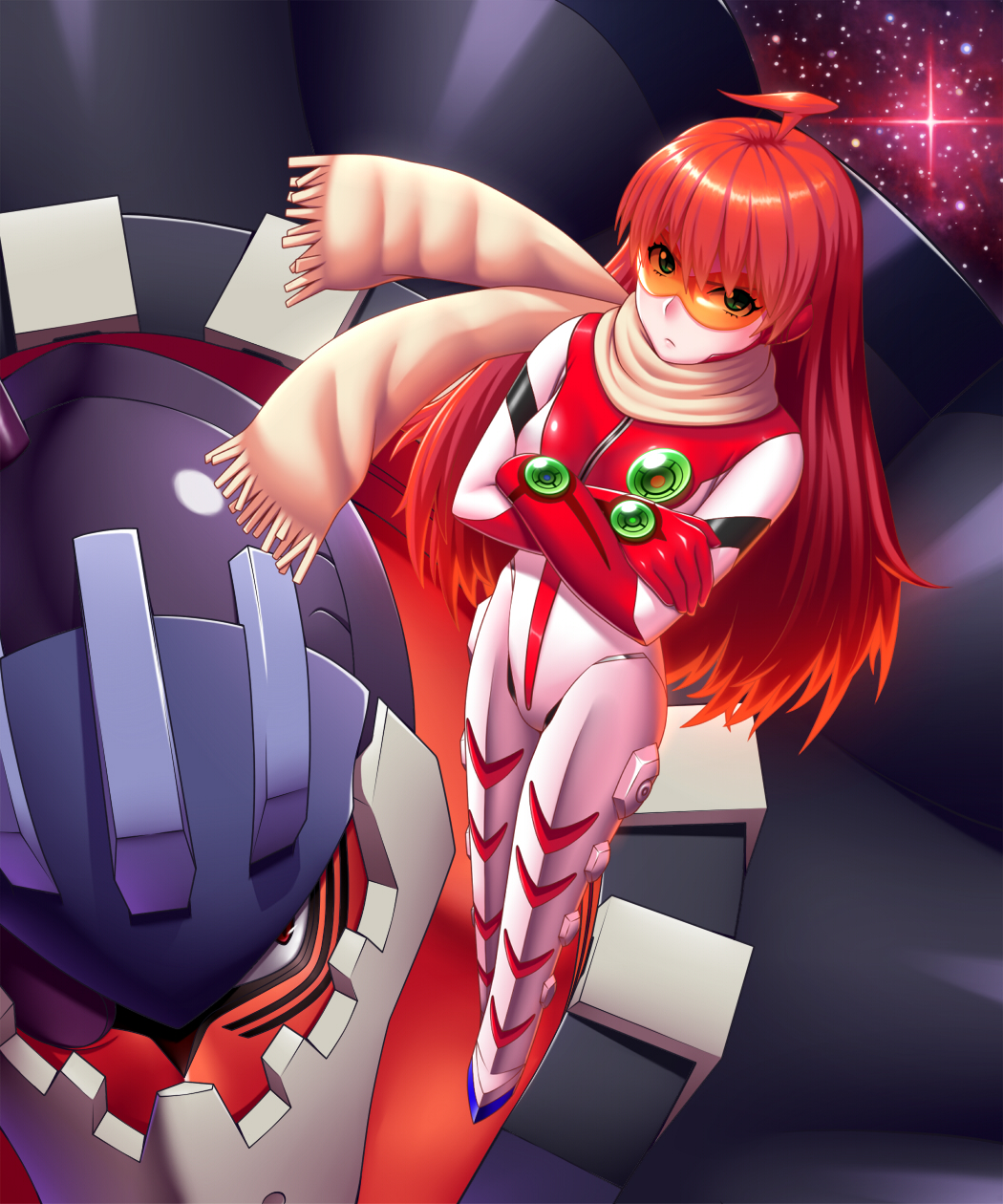 +_+ 00s 1girl :&lt; ahoge amase_(yagami666) android blue_eyes bodysuit buster_machine_7 cross-shaped_pupils crossed_arms dix-neuf highres long_hair looking_at_viewer mecha nono_(top_wo_nerae_2!) orange_hair red_eyes robot scarf space star_(sky) sunglasses symbol-shaped_pupils top_wo_nerae!_(series) top_wo_nerae_2!
