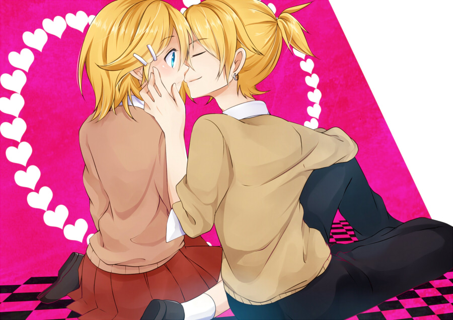 1boy 1girl blonde_hair blue_eyes bow brother_and_sister hair_ornament hairclip hazuki_natsu incest kagamine_len kagamine_rin kusare_gedou_to_chokorewito_(vocaloid) necktie ribbon shirt short_hair siblings skirt twins vocaloid