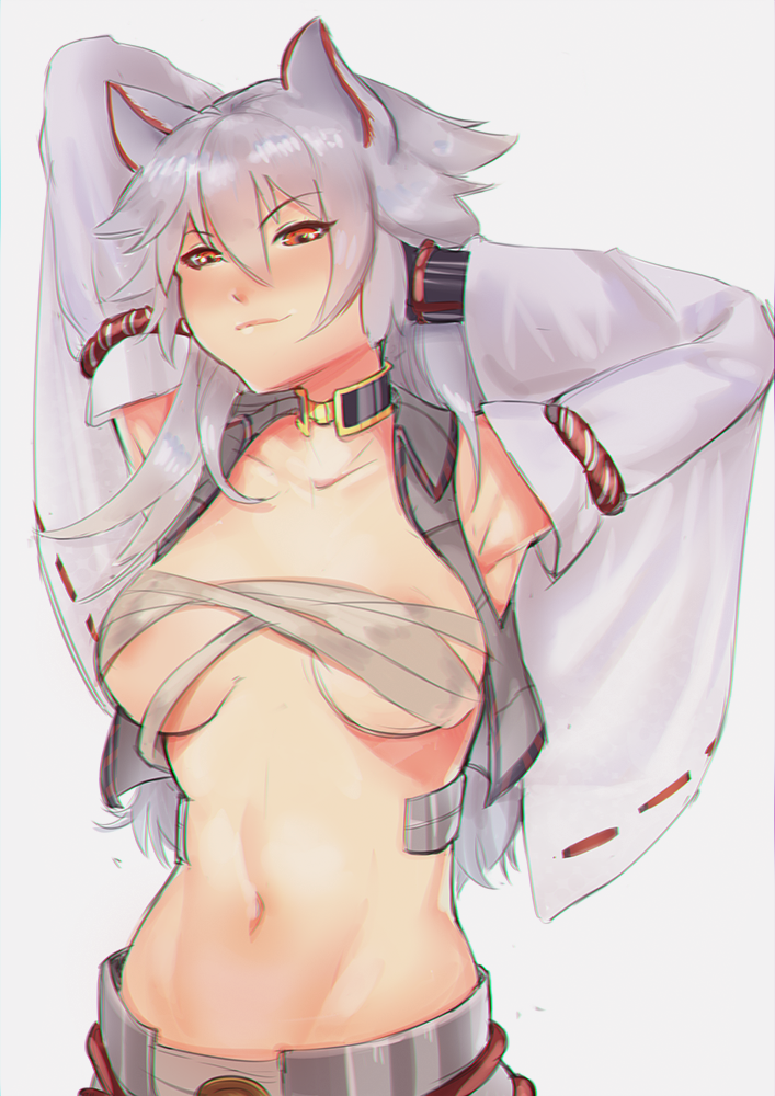 1girl animal_ears areola_slip armor armpits arms_behind_head azur_lane bad_id bad_pixiv_id bandages bandages_around_chest breasts breasts_apart budget_sarashi choker collarbone commentary detached_sleeves english_commentary female_focus grey_background hyuuga_(azur_lane) japanese_armor kote long_sleeves medium_breasts navel nipple_slip nipples orange_eyes sarashi simple_background smile smug solo stomach toned topless_male white_hair wide_sleeves wolf_ears zawijawa