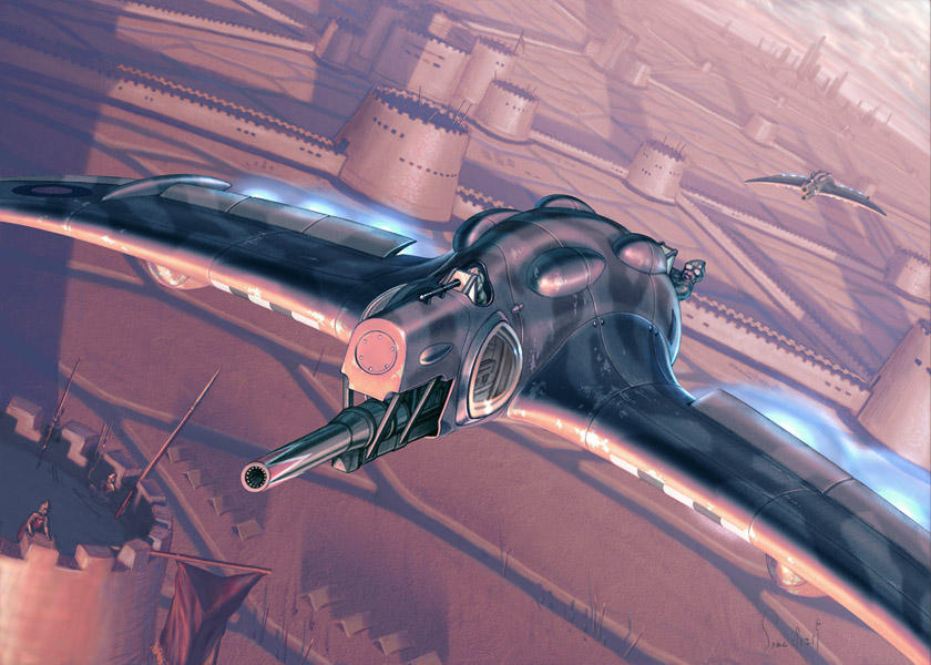 1980s_(style) banner cannon castle exhaust flying from_above glowing gunship kaze_no_tani_no_nausicaa oldschool retro_artstyle same_(carcharodon) schizo_tech science_fiction soldier studio_ghibli wall