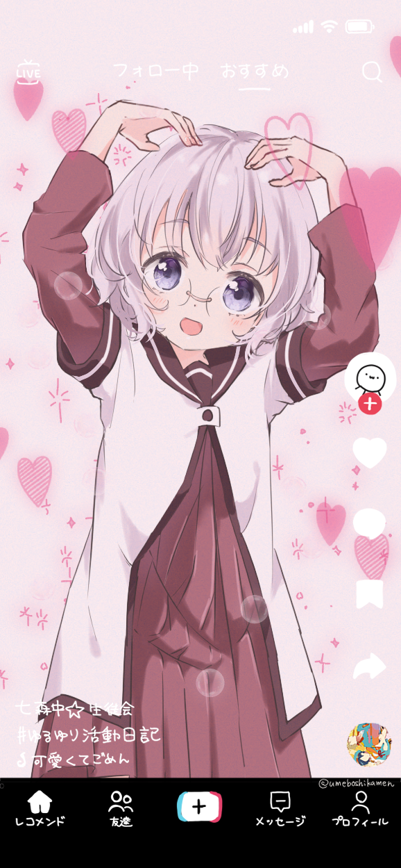 1girl arms_up black_sailor_collar blue_eyes dress fake_phone_screenshot fake_screenshot glasses grey_hair hands_on_own_head heart highres ikeda_chitose kawaikute_gomen_(honeyworks) layered_sleeves long_sleeves looking_at_viewer mearian namori_(character) nanamori_school_uniform open_mouth pink_background pleated_dress red_dress sailor_collar school_uniform shirt short_hair short_over_long_sleeves short_sleeves smile sparkle tiktok white_shirt yuruyuri