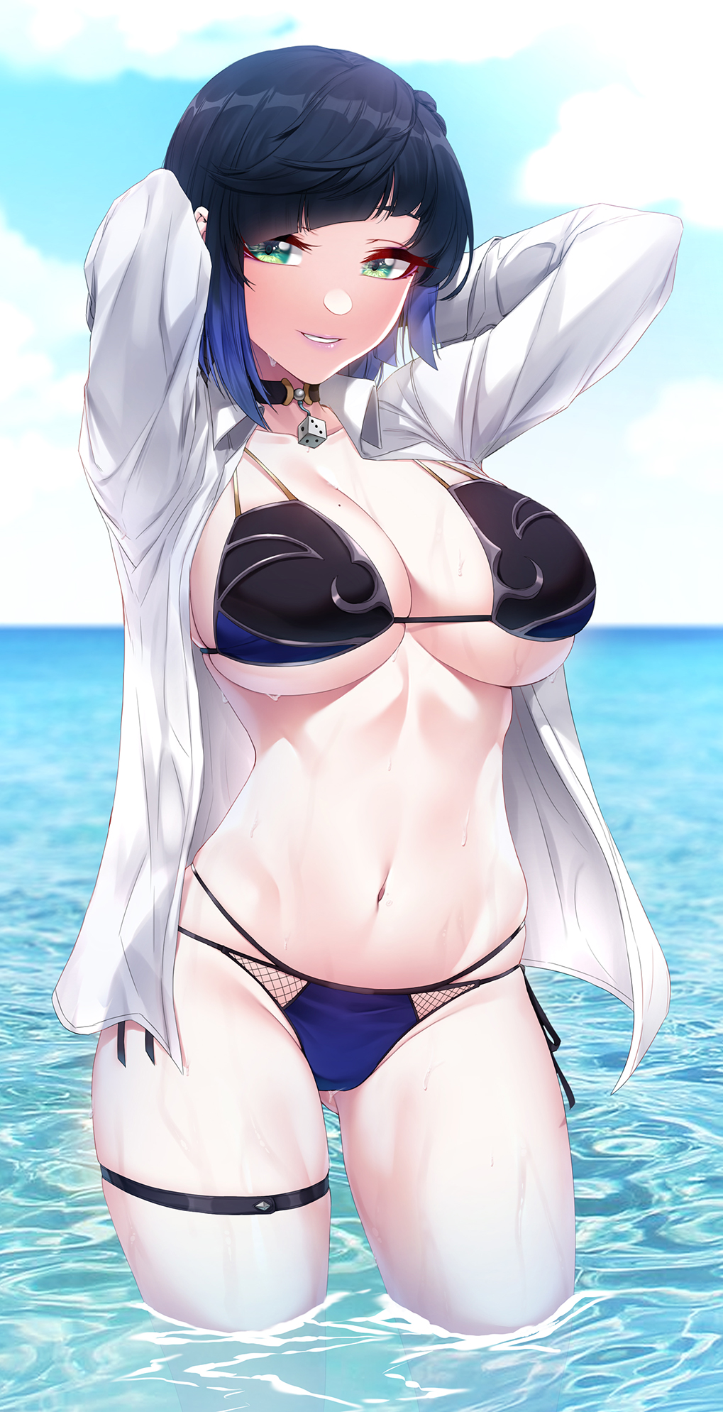 1girl akchu armpits arms_behind_head arms_up bikini black_hair blue_hair blue_sky bob_cut breasts choker cleavage cloud cloudy_sky colored_tips day diagonal_bangs dice genshin_impact green_eyes highres large_breasts long_sleeves looking_at_viewer mole mole_on_breast multicolored_bikini multicolored_hair navel open_clothes open_shirt parted_lips partially_submerged short_hair sky smile solo swimsuit thigh_strap two-tone_hair underboob wading water wet yelan_(genshin_impact)